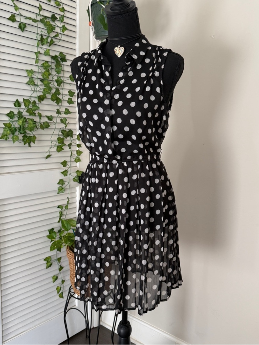 Playful Chic Button Up Collared Sheer Sleeveless Polka Dot Button Up Dress